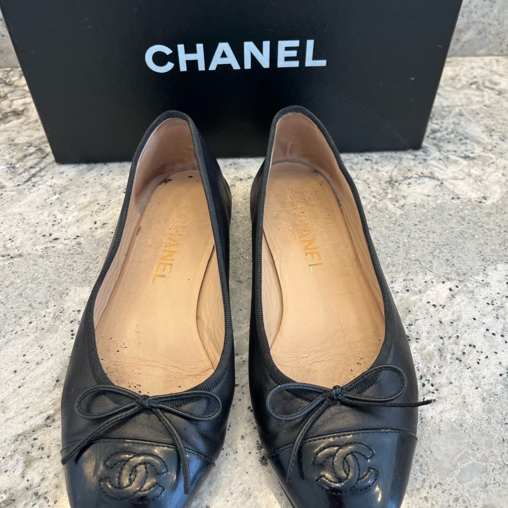 **Host Pick** Authentic Chanel Black Patent Tip Ballet Flats